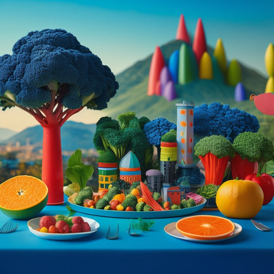 A vibrant, whimsical illustration of a child's table setting, with a variety of colorful fruits and vegetables arranged to resemble a playful cityscape, complete with broccoli trees and a carrot mountain range.
