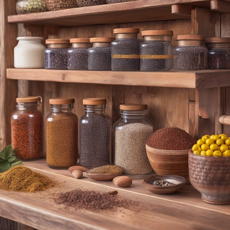 A robust, wooden spice rack brimming with various colorful spice jars, set against a rustic kitchen backdrop. The rack showcases sturdy metal brackets, an organized layout, and a warm, inviting atmosphere.