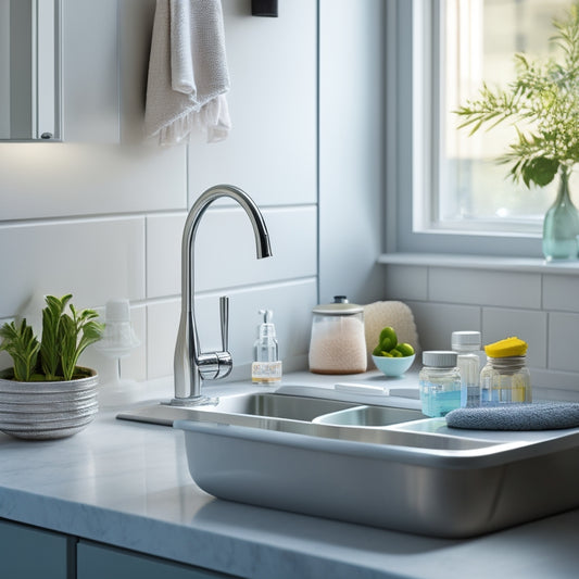 A sleek, modern kitchen corner with a compact sink caddy holding dish soap, sponges, and brushes, nestled beside a small, tidy sink. Soft natural light illuminates the space, highlighting minimalist decor and organization.