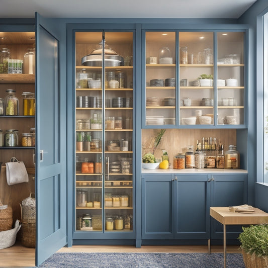 A modern kitchen featuring a sleek freestanding pantry unit with elegant glass doors, showcasing neatly organized jars and colorful ingredients. Soft natural light filters through, highlighting the pantry's stylish design and inviting ambiance.