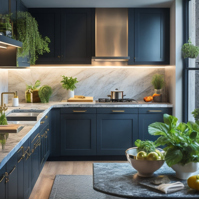 A sleek kitchen with vibrant under-cabinet lights illuminating a marble countertop, highlighting fresh herbs and a cutting board, creating a warm, inviting atmosphere, with modern appliances and stylish decor in the background.