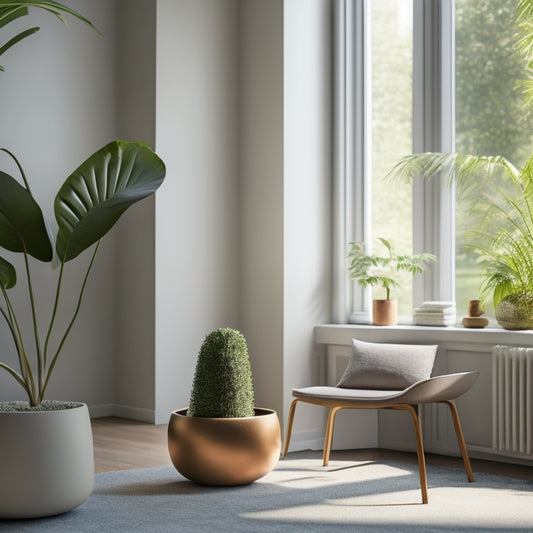 A serene, minimalist living room with a 3D-printed, curvaceous planter in the foreground, surrounded by lush greenery, and a subtle, natural color palette, illuminated by soft, warm light.