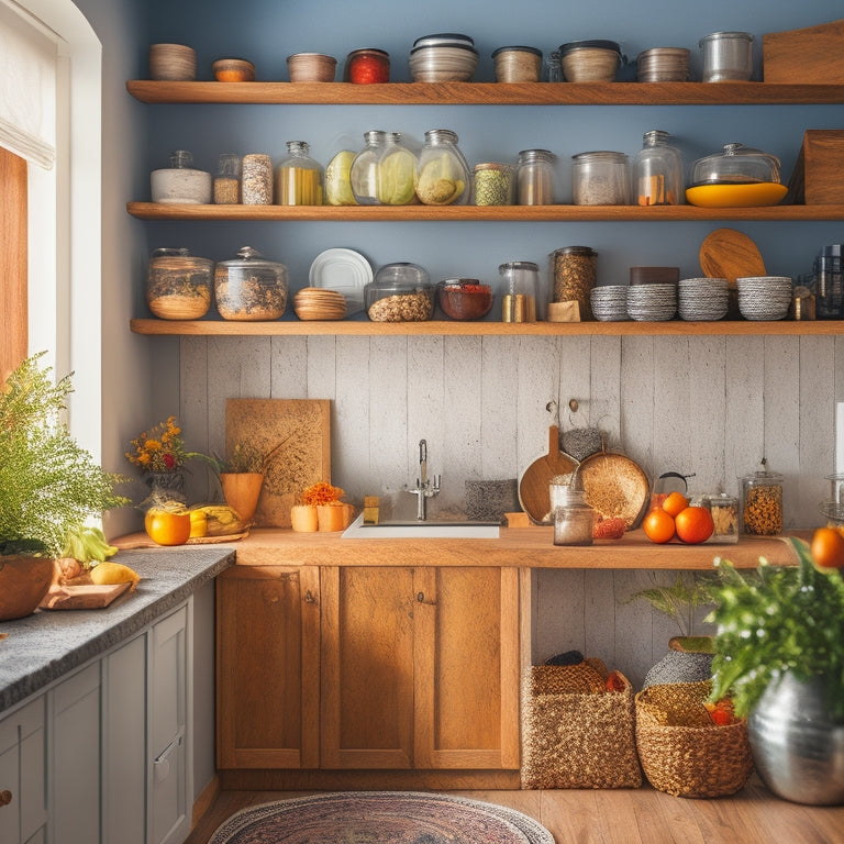 A cozy small kitchen featuring a stylish, wooden Lazy Susan filled with colorful spices, jars, and utensils, surrounded by bright white cabinets, a compact countertop, and warm, inviting lighting.