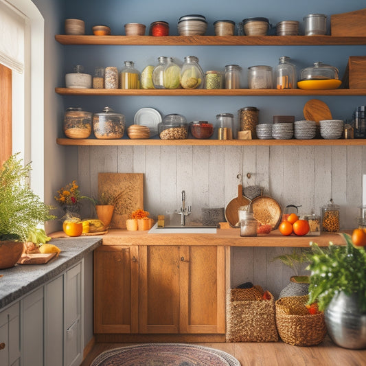 A cozy small kitchen featuring a stylish, wooden Lazy Susan filled with colorful spices, jars, and utensils, surrounded by bright white cabinets, a compact countertop, and warm, inviting lighting.