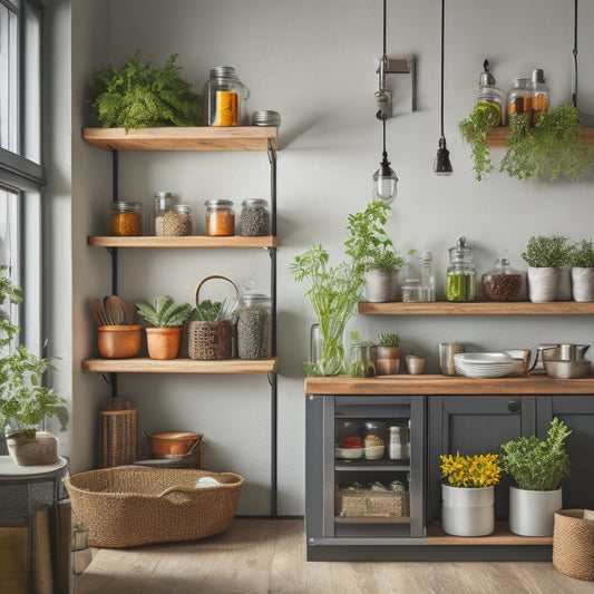 A cozy kitchen corner featuring an elegant wall-mounted rack, displaying vibrant spices in glass jars, hanging utensils, and potted herbs, surrounded by minimalist decor, emphasizing practicality and style in a small space.