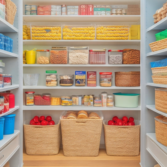 A bright, modern pantry with categorized shelves, each containing a distinct group of items: baking supplies, snacks, international ingredients, and cooking essentials, all arranged in neat, labeled baskets and containers.