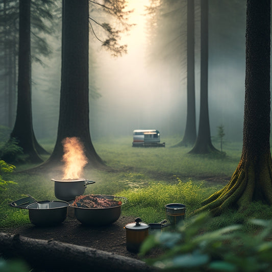 A serene forest campsite at dawn, with a portable stove, cooking pot, utensils, and a compact camping kitchen setup, surrounded by lush greenery and a misty atmosphere.