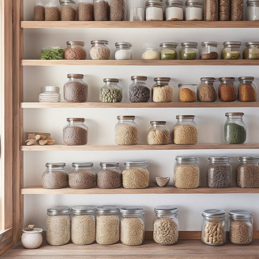 A clean and organized pantry with sealed glass jars, airtight containers, and a few whole grains and dry goods on wooden shelves, with a subtle hint of natural light and a few fresh herbs.