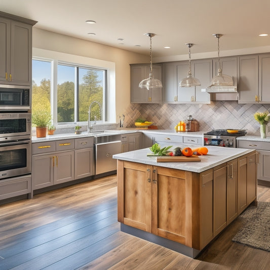 A bright, modern kitchen with sleek countertops, stainless steel appliances, and ample natural light, featuring a central island with built-in cooktop and utensil organizers.