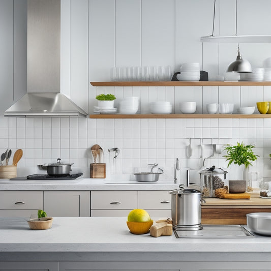 A bright, modern kitchen with sleek countertops, featuring a stainless steel utensil holder with neatly arranged kitchen tools, surrounded by minimal decor and ample negative space.