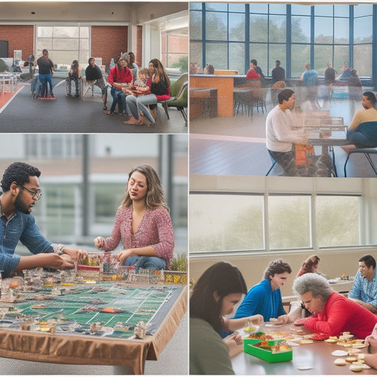 A vibrant, sun-drenched scene of Wilson Commons' HQ bustling with diverse students engaged in various activities: playing board games, practicing yoga, and enjoying food from a diverse array of cuisines.