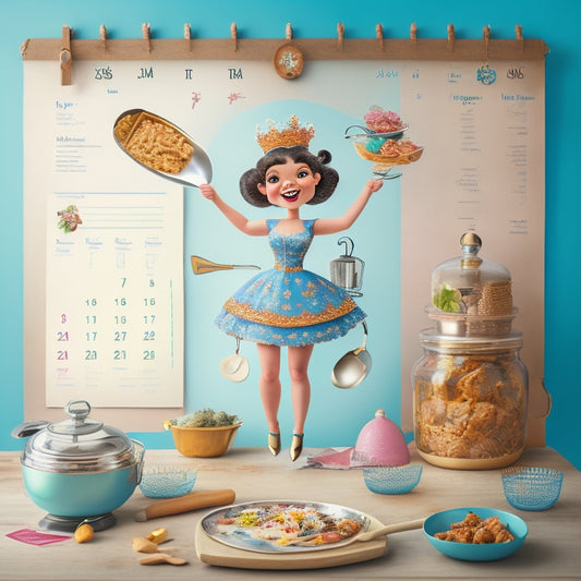 A whimsical illustration of a smiling fairy, surrounded by swirling utensils and kitchen items, holding a wooden spoon and standing on a giant calendar, with a subtle background of meal planning charts and recipes.