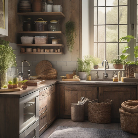 A cozy kitchen under-sink area showcasing organized storage with wooden crates, woven baskets, and labeled jars, surrounded by cleaning supplies and plants, all bathed in warm, natural light filtering through a nearby window.