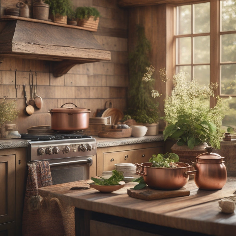 A warm, inviting kitchen scene with distressed wooden beams, vintage copper pots, and a natural stone backsplash, surrounded by lush greenery and soft, golden lighting.