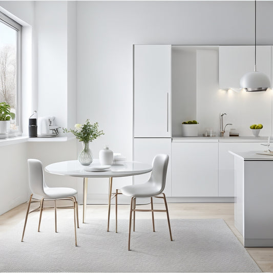 A minimalist kitchen with a small, round, white table and two sleek, silver chairs, surrounded by compact appliances and a few, carefully selected decorative accents, set against a clean, white background.