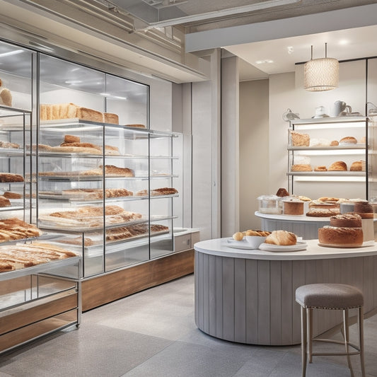 A serene, well-lit bakery interior with a designated gluten-free area, separated by a transparent glass partition, featuring a sleek, stainless steel table and a few utensils, amidst a bustling, flour-dusted main workspace.