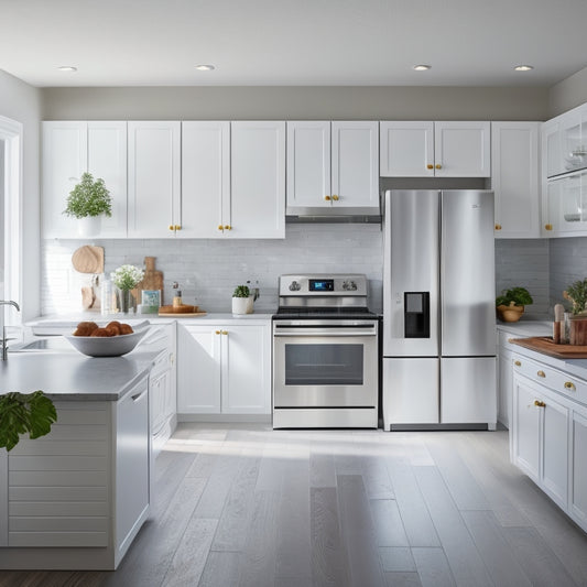 A serene, well-lit kitchen with sleek white cabinets, a stainless steel refrigerator, and a large island with a built-in cooktop, surrounded by minimalist decor and ample negative space.