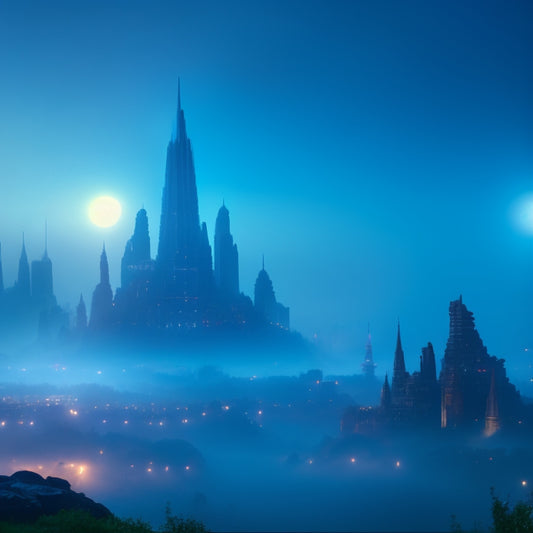 A mystical, moonlit metropolis with towering, curved skyscrapers and glowing, iridescent spires, surrounded by a halo of mist, with hints of ancient, underwater ruins in the foggy distance.