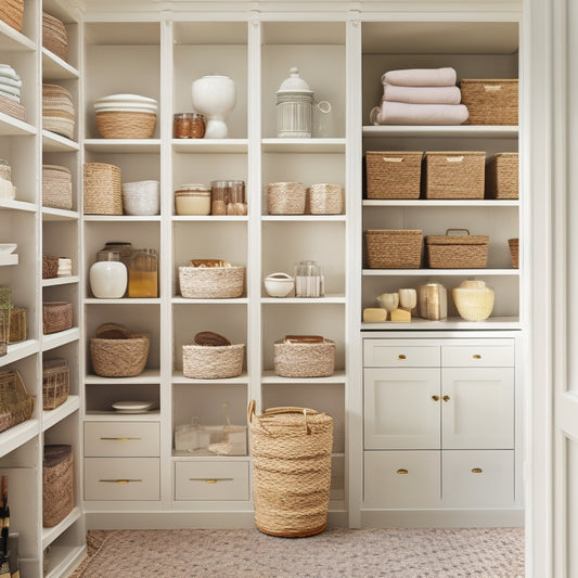 A sleek, modern pantry with floor-to-ceiling shelves, featuring Martha Stewart's signature style, showcasing a combination of woven baskets, transparent containers, and pull-out drawers in a calming, neutral color palette.