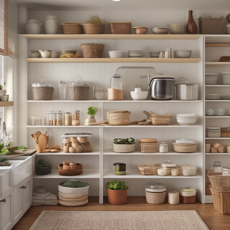 A tidy kitchen with open cabinets revealing organized shelves: top shelf with stacked dinner plates, middle shelf with neatly aligned spice jars, and bottom shelf with labeled baskets and utensil holders.