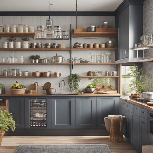 A modern kitchen showcasing open shelving filled with neatly arranged glass jars, a wall-mounted pot rack with hanging utensils, a pull-out pantry with organized spices, and a stylish island featuring hidden storage compartments.