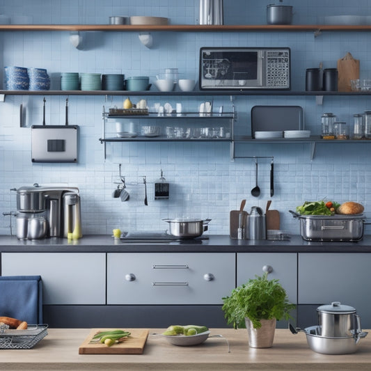 A modern kitchen with sleek countertops, a tidy utensil organizer on the wall, and a tablet displaying a digital inventory of kitchen tools, with a few utensils scattered on the counter, surrounded by a subtle background of circuit boards and wires.
