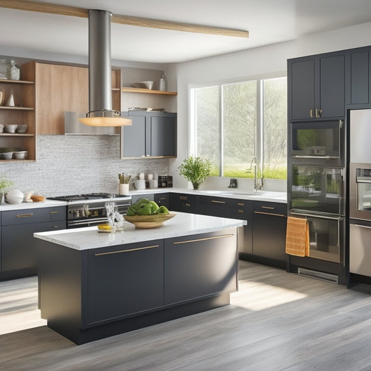 A modern kitchen with a U-shaped layout, featuring a central island with a built-in cooktop, sink, and ample counter space, surrounded by sleek cabinets and drawers with pull-out organizers.