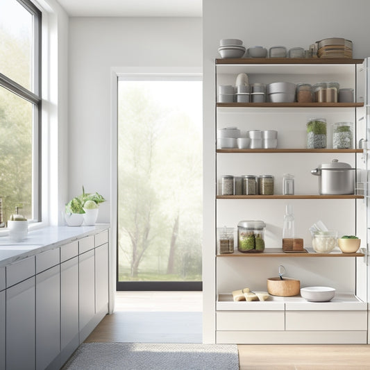A sleek, modern kitchen featuring smooth sliding pantry shelves, organized with neatly stacked jars and minimalist containers. Soft natural light streams through a window, highlighting the clean lines and understated elegance of the space.