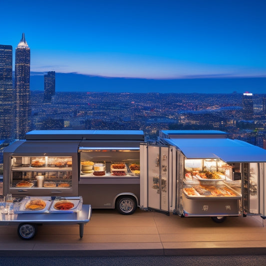 A modern, sleek catering van parked in front of a bustling cityscape at dusk, with a tablet and stylus on the dashboard, surrounded by organized food containers and utensils.