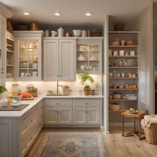 A serene, well-lit kitchen with pull-out shelves, ergonomic cabinetry, and a walk-in pantry, showcasing a comfortable, accessible space for an older adult to cook and store utensils.