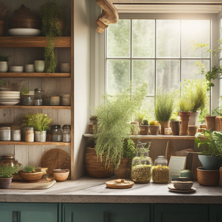 A cozy kitchen corner showcasing elegant, multi-tiered wooden shelves filled with colorful jars, potted herbs, and stylish containers, illuminated by soft sunlight filtering through a nearby window, enhancing the warm tones and textures.