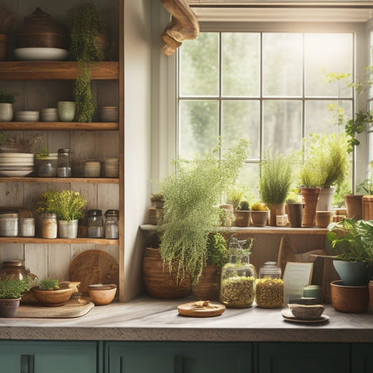 A cozy kitchen corner showcasing elegant, multi-tiered wooden shelves filled with colorful jars, potted herbs, and stylish containers, illuminated by soft sunlight filtering through a nearby window, enhancing the warm tones and textures.