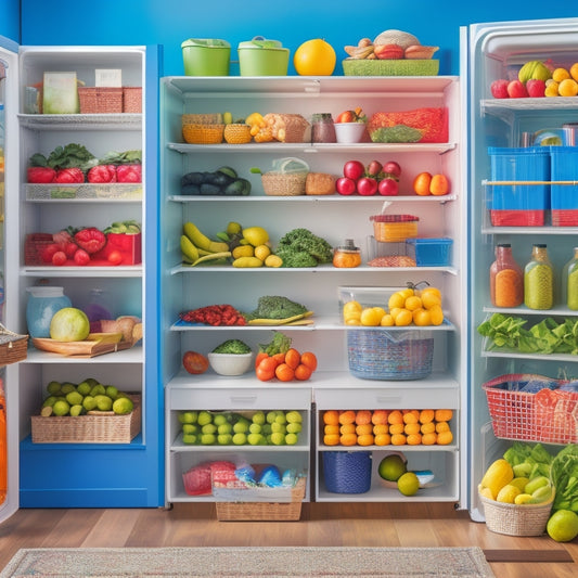 A tidy fridge interior with categorized shelves, colorful baskets, and a clipboard with a chart and pencil on the top shelf, surrounded by fresh fruits and vegetables.