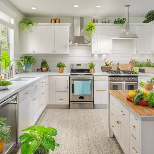 A bright, modern kitchen with sleek white cabinets, stainless steel appliances, and a large island in the center, with organized utensils, cookbooks, and a few decorative plants on the countertops.