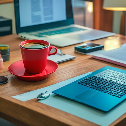 A calm and organized desk with a laptop, a cup of coffee, and a few neatly stacked papers, featuring a rental agreement document with a green checkmark and a red pen lying across it.