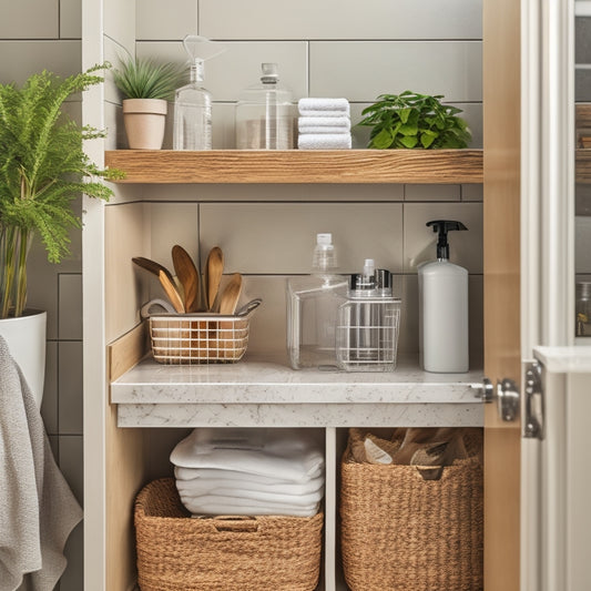 A beautifully organized under-sink cabinet featuring labeled clear bins, rolled towels, eco-friendly cleaning supplies, and a small potted plant, all arranged on a clean wooden shelf with a soft, ambient light illuminating the space.
