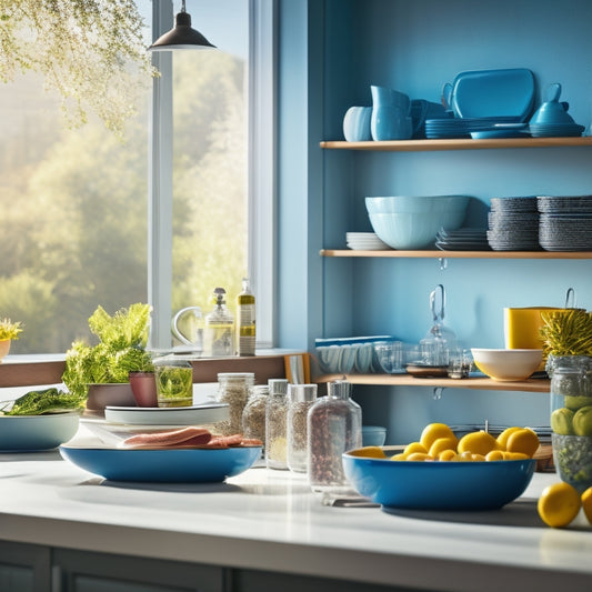 A sleek, modern kitchen featuring a multi-tier dish rack overflowing with neatly arranged plates, bowls, and utensils. Sunlight filters through a window, illuminating the organized kitchen space with vibrant colors and reflections.