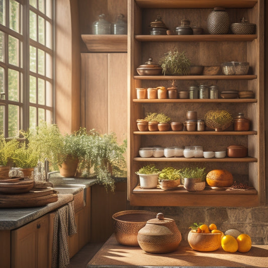 A beautifully organized kitchen featuring a wooden tiered spice rack filled with colorful spice jars, fresh herbs, and a backdrop of rustic tiles, sunlight streaming through a window, casting warm shadows.