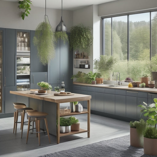 A modern open-plan kitchen featuring a large, stylish kitchen island with organized storage drawers and shelves, surrounded by sleek bar stools, vibrant plants, and natural light streaming through large windows.