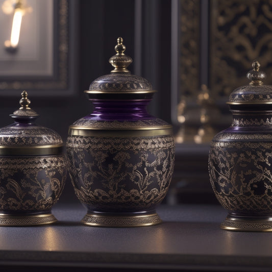 A luxurious, dimly lit background with three ornate, rare black amethyst glass canisters of varying sizes, adorned with intricate, golden filigree patterns and delicate, curved handles.