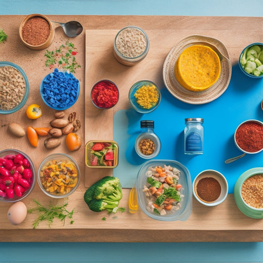 A colorful kitchen counter with a meal prep container filled with roasted vegetables, a small grocery list on a corkboard, and a few affordable ingredients like oats, eggs, and canned beans scattered around.