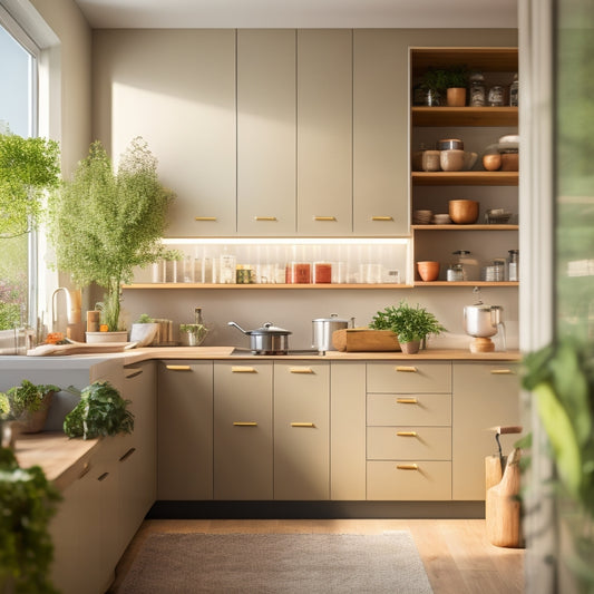 A minimalist kitchen with sleek, handleless cabinets, a built-in spice rack, and a pull-out pantry, surrounded by natural light, with a few strategically-placed kitchen utensils and a small, potted herb plant.