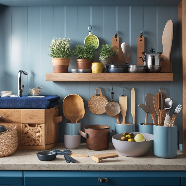 A tidy kitchen counter with a few carefully arranged utensils, a wooden utensil holder with dividers, a hanging pot rack with hooks for spatulas, and a small drawer organizer with labeled compartments.