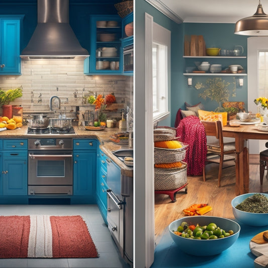 A split-screen illustration featuring a left-handed cook comfortably navigating a kitchen with a reversed layout (sink on the right, stove on the left) on one side, and a cluttered, inefficient layout on the other.