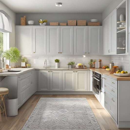 A bright, modern kitchen with sleek, handle-less cabinets in a light gray finish, featuring pull-out shelves, lazy susans, and a built-in spice rack, surrounded by warm, natural wood flooring.
