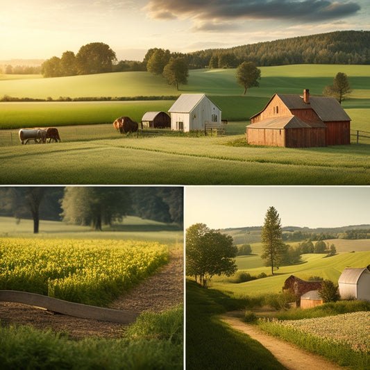Illustrate a serene, sunlit farm scene with lush green fields, various crops in different stages of growth, and a few rustic farm tools scattered about, with a subtle hint of a tiny village in the background.