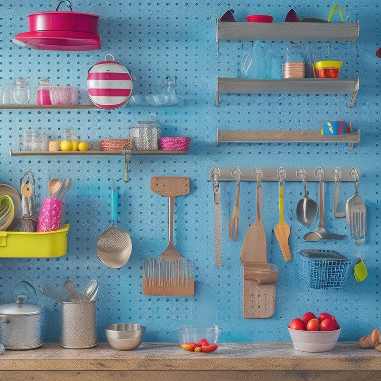 A vibrant kitchen scene featuring a colorful pegboard organizer filled with various kitchen tools, pots, and utensils. Include hooks, shelves, and baskets, showcasing an organized and stylish culinary workspace.