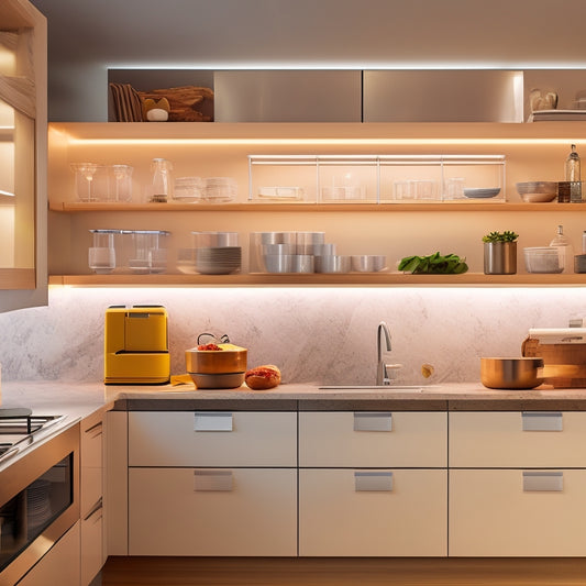 A modern kitchen with sleek, handle-less cabinets, featuring a pull-out storage system with tiered shelves, baskets, and dividers, illuminated by soft, warm LED lighting, with a blurred background.