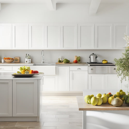 A bright, airy kitchen with a minimalist aesthetic, featuring a sleek island, sparse utensils, and a few fresh fruits and vegetables on the counter, surrounded by plenty of negative space.