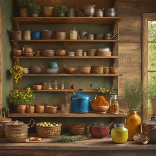 A rustic kitchen featuring a wooden tiered wall rack, filled with vibrant spices in glass jars, colorful cookware, and potted herbs, all set against a warm, inviting backdrop of farmhouse decor.